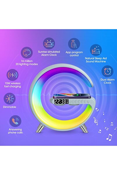 Zet Boxă portabilă 4 în 1 cu ceas LED RGB, încărcare wireless, lumină și radi...