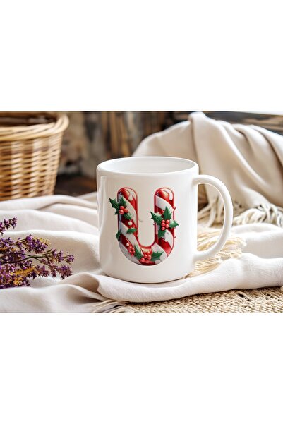 Beramussa U Initial Letter Christmas Themed Mug – New Year Candy Cane Design ...