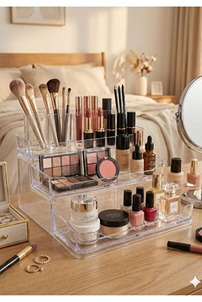 HomeBasics منظم أدوات المكياج والقرطاسية من باتريت، 3 طبقات، بلاستيك شفاف عال...