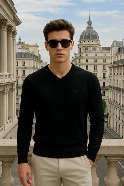 Maccali Men's Basic Premium Comfort Black Long V-Neck Sweater