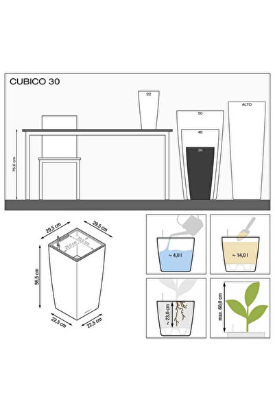 Lechuza Cubico Premium 30 Self-Watering Planter, 14 L, Glossy Black