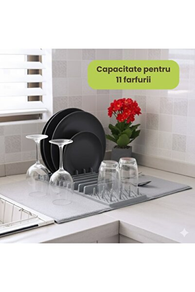 OEM Dish drying rack plastic for 11 plates with absorbent foam mat, grey, 45x60cm