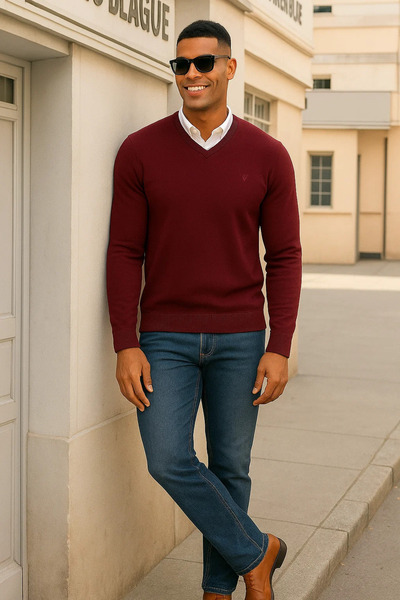 Maccali Men's Comfortable Casual Long Sleeve Burgundy V-Neck Sweater