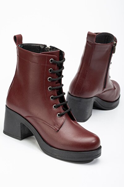 Zerenyus Zri̇n-3025 Premium Burgundy Lace-Up Zippered Thick Heeled Casual Women's Boots