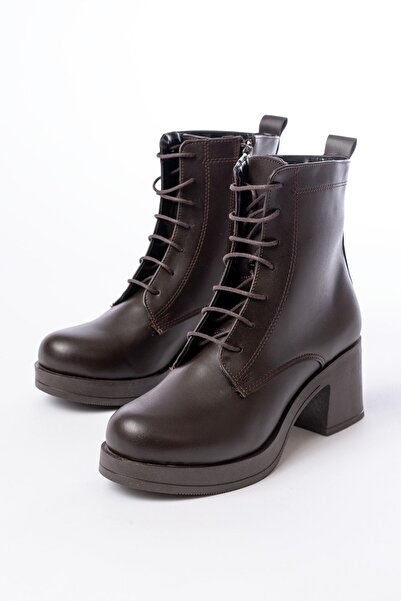 Zerenyus Zri̇n-3025 Premium Brown Lace-Up Zippered Thick Heeled Women's Boots