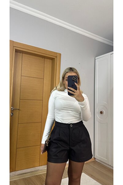 GYUCCE Kadın Acı Kahve Deri Görünümlü Şort – Yüksek Bel