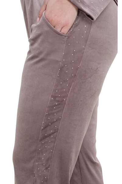 MELSAY Women's Mink Shiny French Velvet Stone Half Garni Tracksuit Set