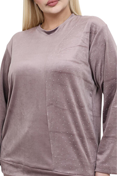 MELSAY Women's Mink Shiny French Velvet Stone Half Garni Tracksuit Set