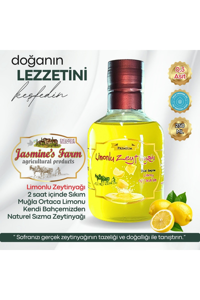 Jasmine's Farm Limonlu Zeytinyağı - Gerçek Limon -0,3 asit - Soğuk Sıkım - Er...