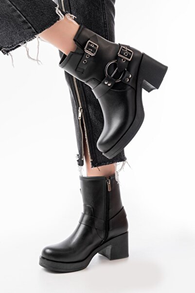 Zerenyus Zri̇n-3028 Premium Black Buckle Accessory Zippered Heeled Casual Women's Boots