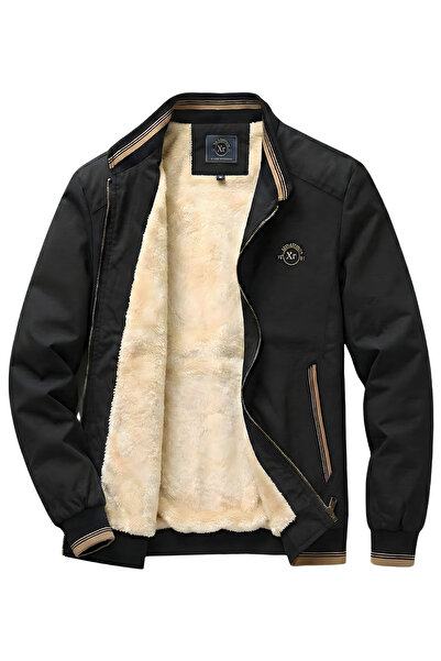 ixir İçi Kürklü Nakış Armalı Mevsimlik Erkek Mont & Ceket Siyah