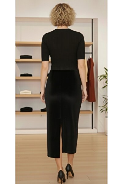 bright moon Women's Velvet Pencil Skirt with Slit Detail at the Back