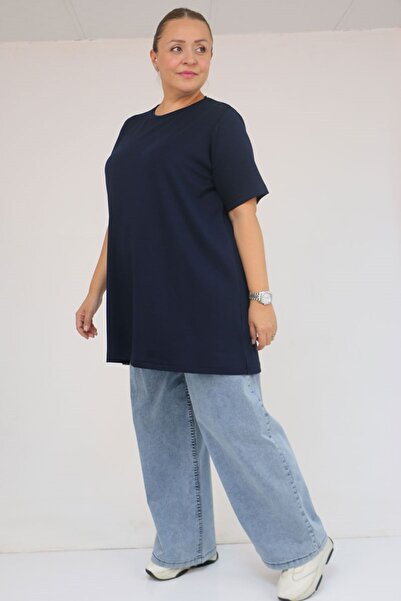 Eslina 58508 Plus Size Collar Piped Modal T-Shirt - Navy Blue