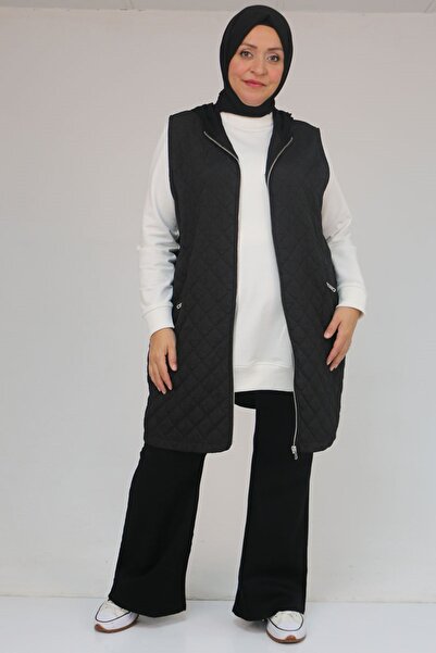 Eslina 54011 Plus Size Pockets Zippered Modal - Quilted Vest - Black