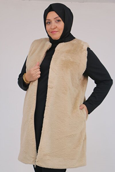 Eslina 54013 Large Size Rabbit Lined Vest with Pockets - Beige