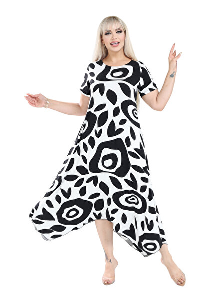 MELSAY Women's Short Sleeve White Evil Eye Pattern Asymmetrical Dress