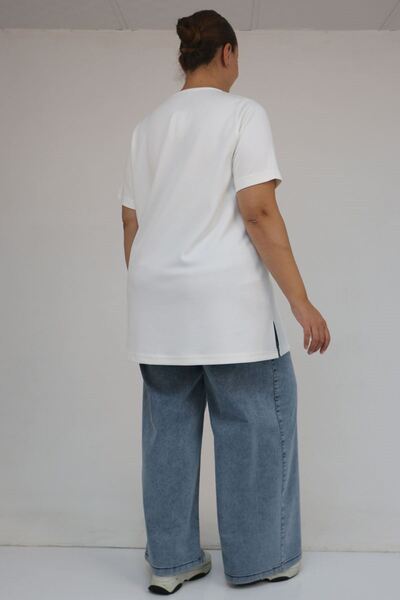 Eslina 58508 Plus Size Collar Piped Modal T-Shirt - Ecru