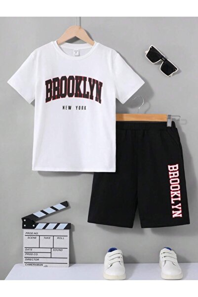 PERISENSE Brooklyn New York White T-Shirt Black Shorts - Shorts T-Shirt Top Bottom Set Printed Crew Neck