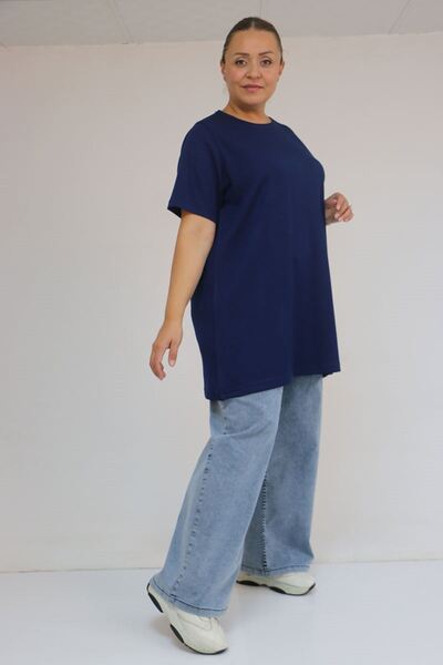 Eslina 58508 Plus Size Collar Piped Modal T-Shirt - Indigo