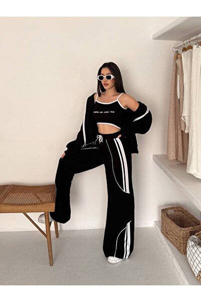 By Kuzey Aras 3 Piece Sporty Chic Set – Hooded Zippered Tops Striped Detail Sweatpants Crop Bustier