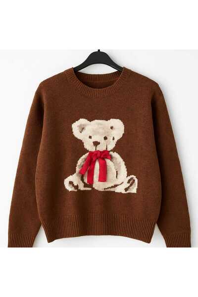 Diva Exclusive Fashion Brown Teddy Bear Sweater with Red Bow – Warm and Soft Pattern