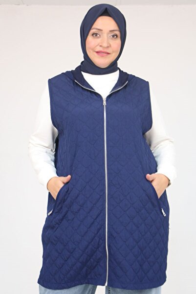 Eslina 54011 Plus Size Pockets Zippered Modal - Quilted Vest - Indigo