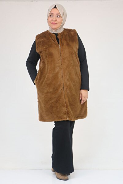 Eslina 54013 Large Size Rabbit Lined Vest with Pockets - Brown