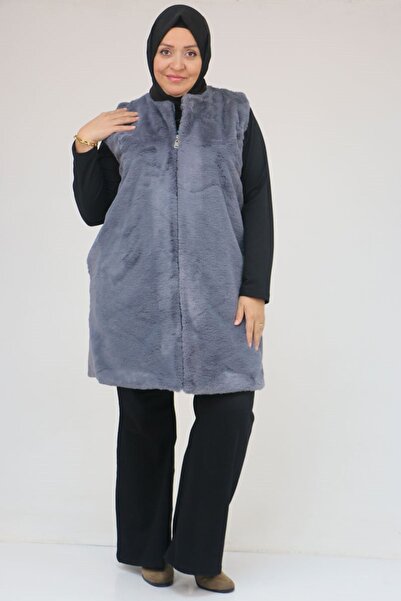 Eslina 54013 Plus Size Rabbit Lined Vest with Pockets - Gray