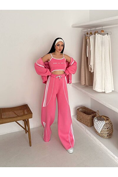 By Kuzey Aras 3 Piece Sporty Chic Set – Hooded Zippered Tops Striped Detail Sweatpants Crop Bustier