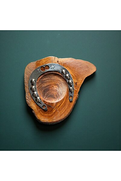 Home Handmade Olive Wood Coaster – Chrome Horseshoe Motif, Decorative Gift