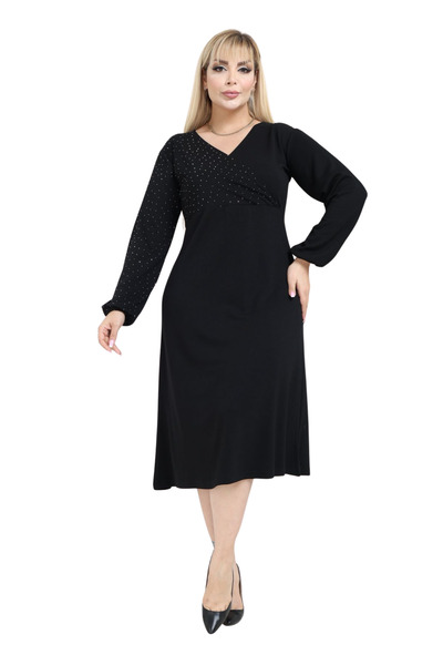 MELSAY Women's Plus Size Black Modal Double-Breasted Collar Stone Printed Dress