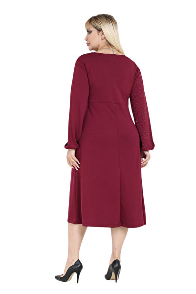 MELSAY Women's Plus Size Burgundy Modal Double-Breasted Collar Stone Printed Dress