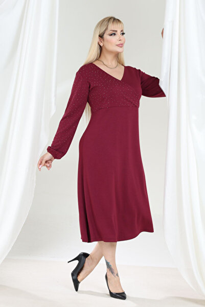 MELSAY Women's Plus Size Burgundy Modal Double-Breasted Collar Stone Printed Dress