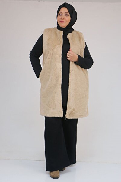 Eslina 54013 Large Size Rabbit Lined Vest with Pockets - Beige