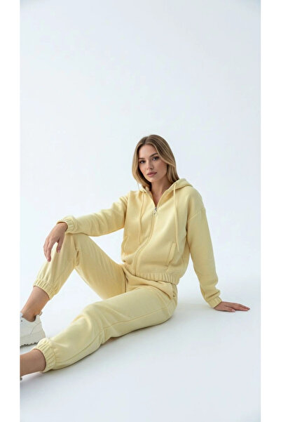 Butik 3-خيط مبطن بالصوف هوديي سحاب علوي قصير أصفر pat8590