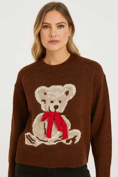 Diva Exclusive Fashion Brown Teddy Bear Sweater with Red Bow – Warm and Soft Pattern