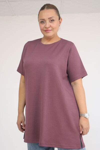 Eslina 58508 Plus Size Collar Piped Modal T-Shirt - Dusty Rose