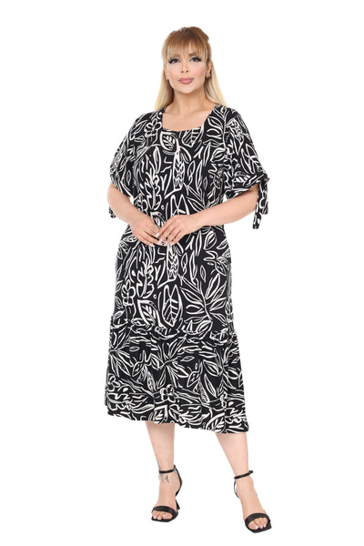MELSAY Women's Square Neck Short Sleeve Sleeves Rope Binding Black Leaf Pattern Dress