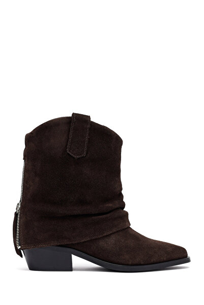 Derimod Women's Brown Short Thick Heeled Suede Leather Cowboy Boots 25Wfd270610