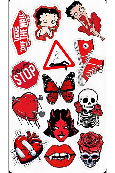 BENİMSER REKLAM Kırmızı Siyah Retro Punk Sticker Seti – Kalp, Kelebek, Kuru K...