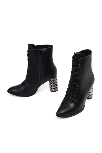 Derimod Γυναικείες μαύρες μπότες με κορδόνια με φερμουάρ και χοντρό τακούνι 25WFE481218