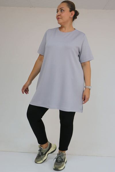 Eslina 58508 Plus Size Collar Piped Modal T-Shirt - Gray