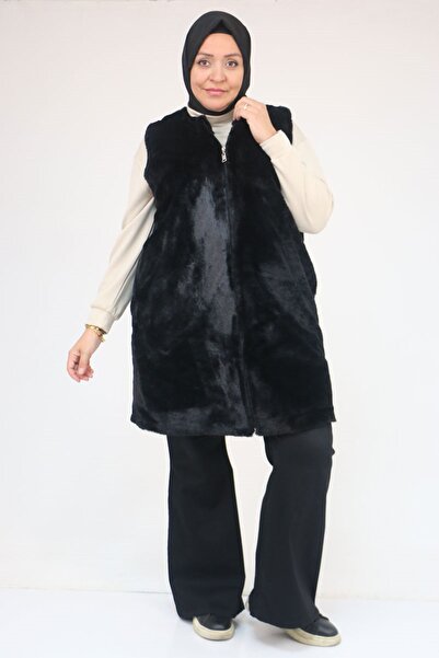 Eslina 54013 Plus Size Rabbit Lined Vest with Pockets - Black