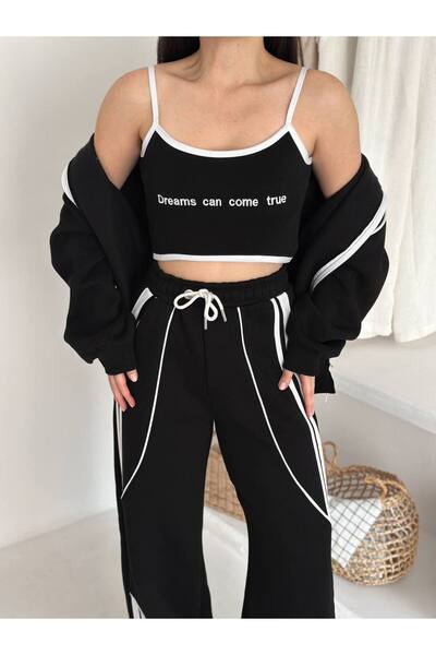 By Kuzey Aras 3 Piece Sporty Chic Set – Hooded Zippered Tops Striped Detail Sweatpants Crop Bustier