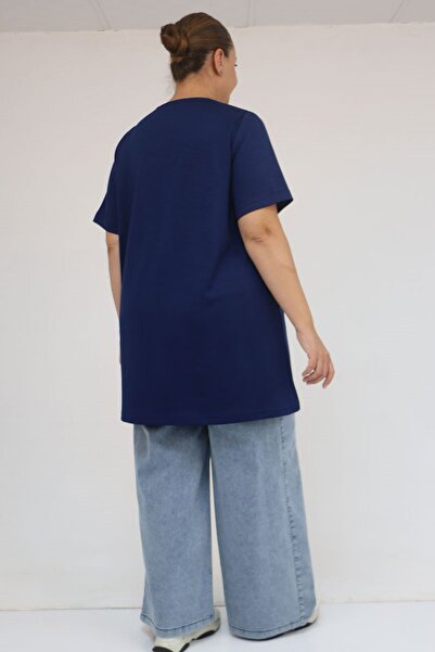 Eslina 58508 Plus Size Collar Piped Modal T-Shirt - Indigo