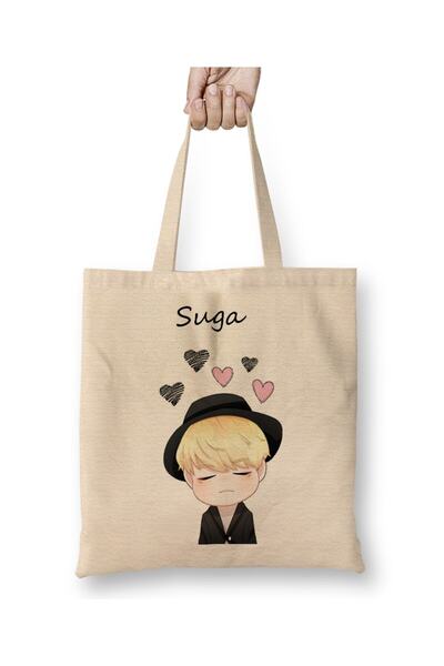 Toyaso Geantă de pânză albă Suga Chibi Face Bts Geantă de cumpărături cu mâne...