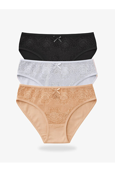 IPL Women's Panties, Women's Lace Detail Cotton 3-Piece Panties Set (Black White Skin)