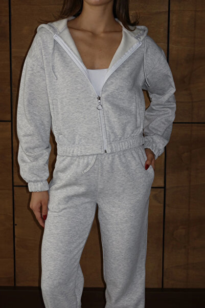 Butik 3 Thread Fleece-Lined Hooded Zipper Short Top Grey Pat8590