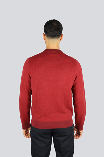 BOSS Men's Regular Fit Ribbed Round Neck Pure Wool and Cotton Blend Long Sleeve Burgundy Sweater 50549986