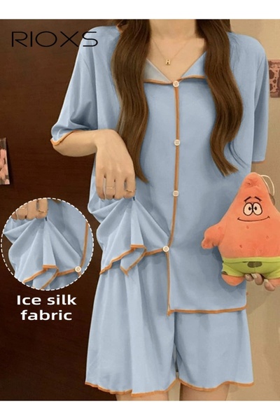 RIOXS Women's 2PCS Summer Pajamas Set, Short Sleeve Button Down Shirt with Elastic Waist Shorts, Skin-frie